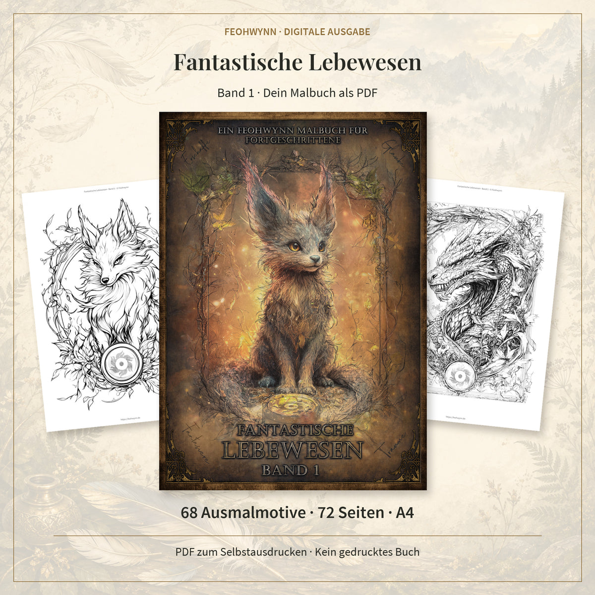 Fantastische Lebewesen Band 1 als PDF: Originalcover und Motivseiten, 68 Ausmalmotive auf 72 A4-Seiten zum Selbstausdrucken.
