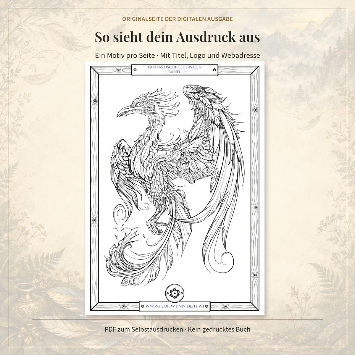 Vollständige Originalseite aus der PDF mit einem geflügelten Fantasiewesen, Holzrahmen, Buchtitel und Feohwynn-Webadresse.