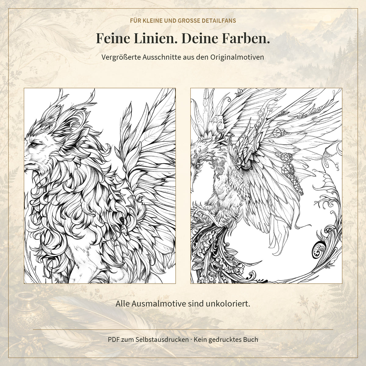 Vergrößerte Originaldetails zweier Flugwesen aus dem PDF-Malbuch.