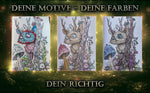 Drei unterschiedlich kolorierte Beispielmotive aus Fantastische Lebewesen