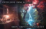 Stimmungsbild mit Innenraum, leuchtendem Wald und Wasserfall zum Malbuch Fantastische Lebewesen