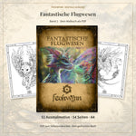 Fantastische Flugwesen Band 1 als PDF: Originalcover und zwei Motivseiten; 51 Ausmalmotive auf 54 A4-Seiten zum Selbstausdrucken.