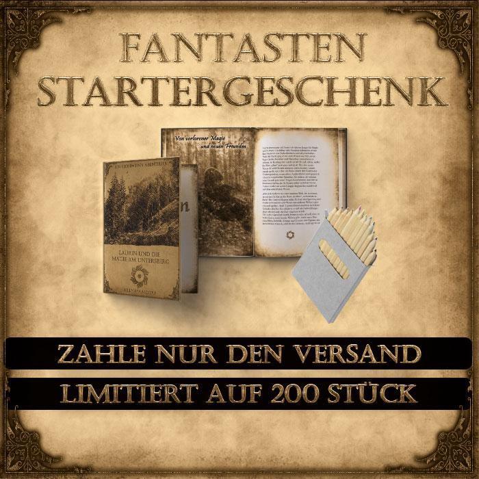 Fantasten Startergeschenk mit Buch, geöffnetem Malbuch und Buntstiften