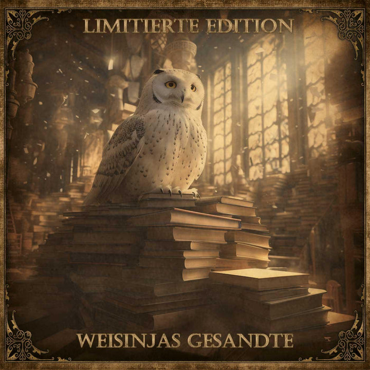 Titelmotiv von Weisinjas Gesandte mit weißer Eule auf Büchern