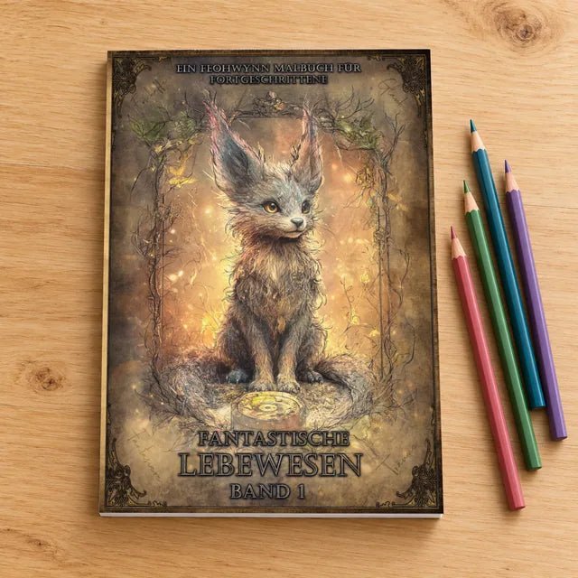 Fantastische Lebewesen - Band 1 – gedrucktes Malbuch auf einem Tisch mit Buntstiften