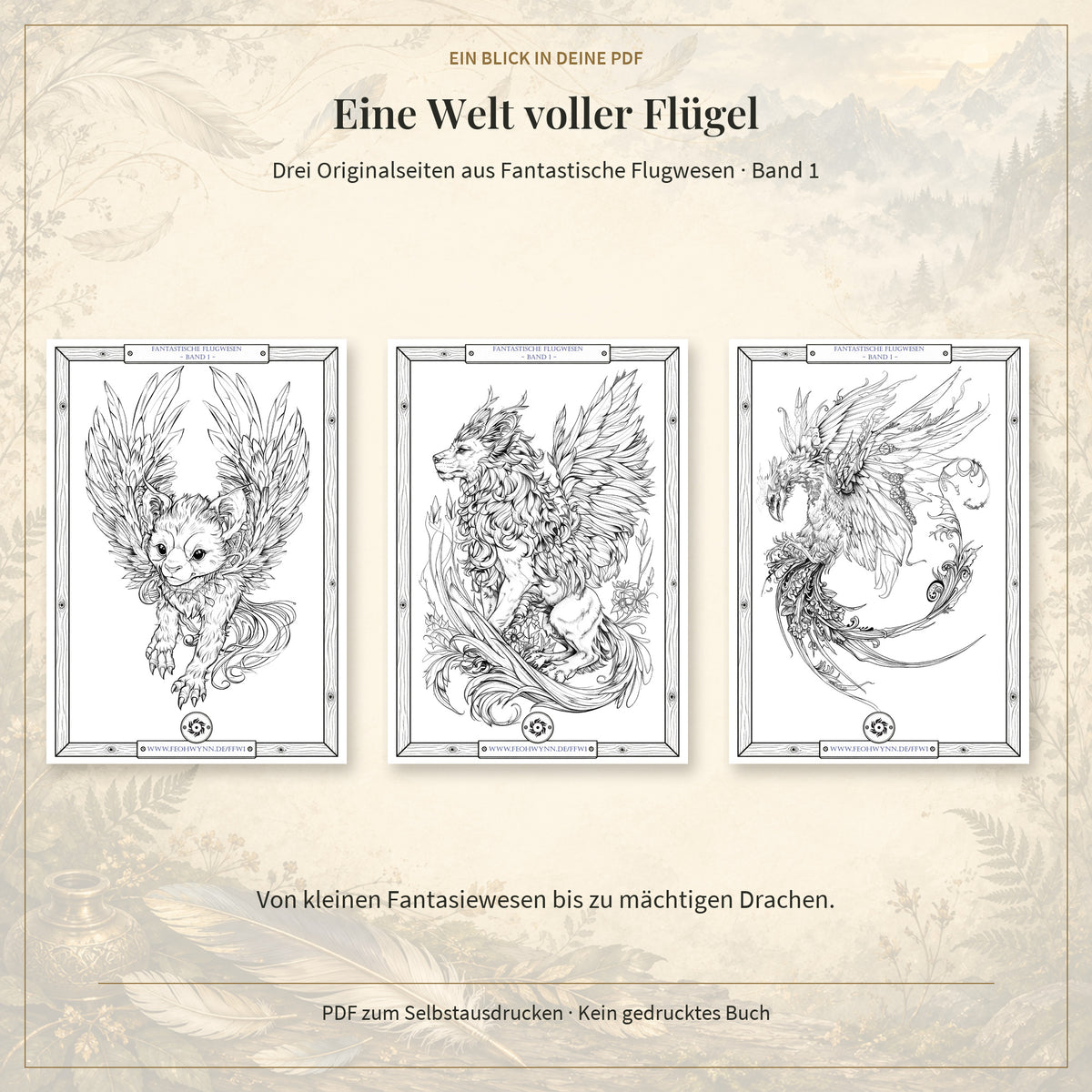 Drei unkolorierte Originalseiten aus der PDF mit kleinen geflügelten Fantasiewesen, einem Greifenwesen und einem Drachen im Holzrahmen.