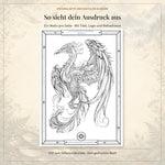 Vollständige Originalseite aus der PDF mit einem geflügelten Fantasiewesen, Holzrahmen, Buchtitel und Feohwynn-Webadresse.
