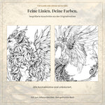 Vergrößerte Originaldetails zweier Flugwesen aus dem PDF-Malbuch.