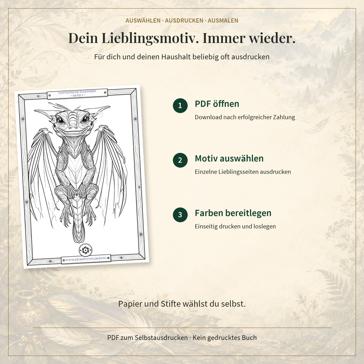 PDF herunterladen, Motiv auswählen und ausdrucken: Anleitung mit Originalmotiv.