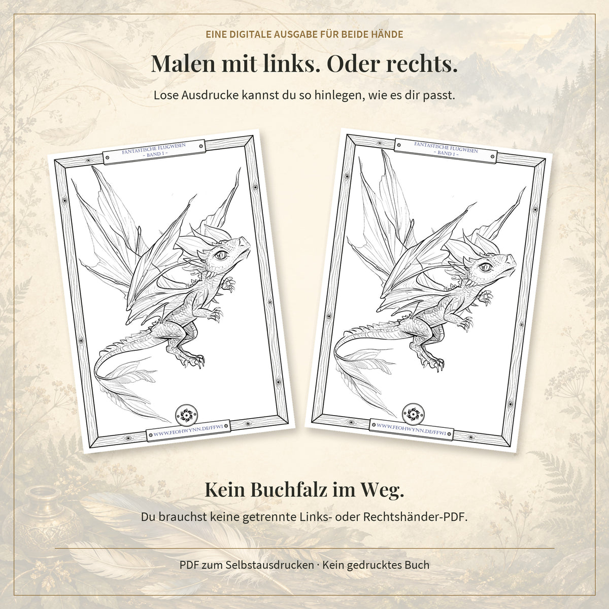 Einzelne Motivseiten frei ausrichten: PDF-Malbuch für Links- und Rechtshänder.