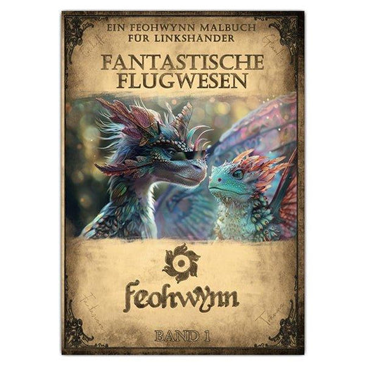Cover des Linkshänder-Malbuchs Fantastische Flugwesen mit farbigem geflügeltem Fabelwesen