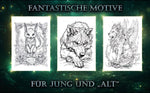 Drei schwarz-weiße Beispielmotive aus dem Malbuch Fantastische Lebewesen