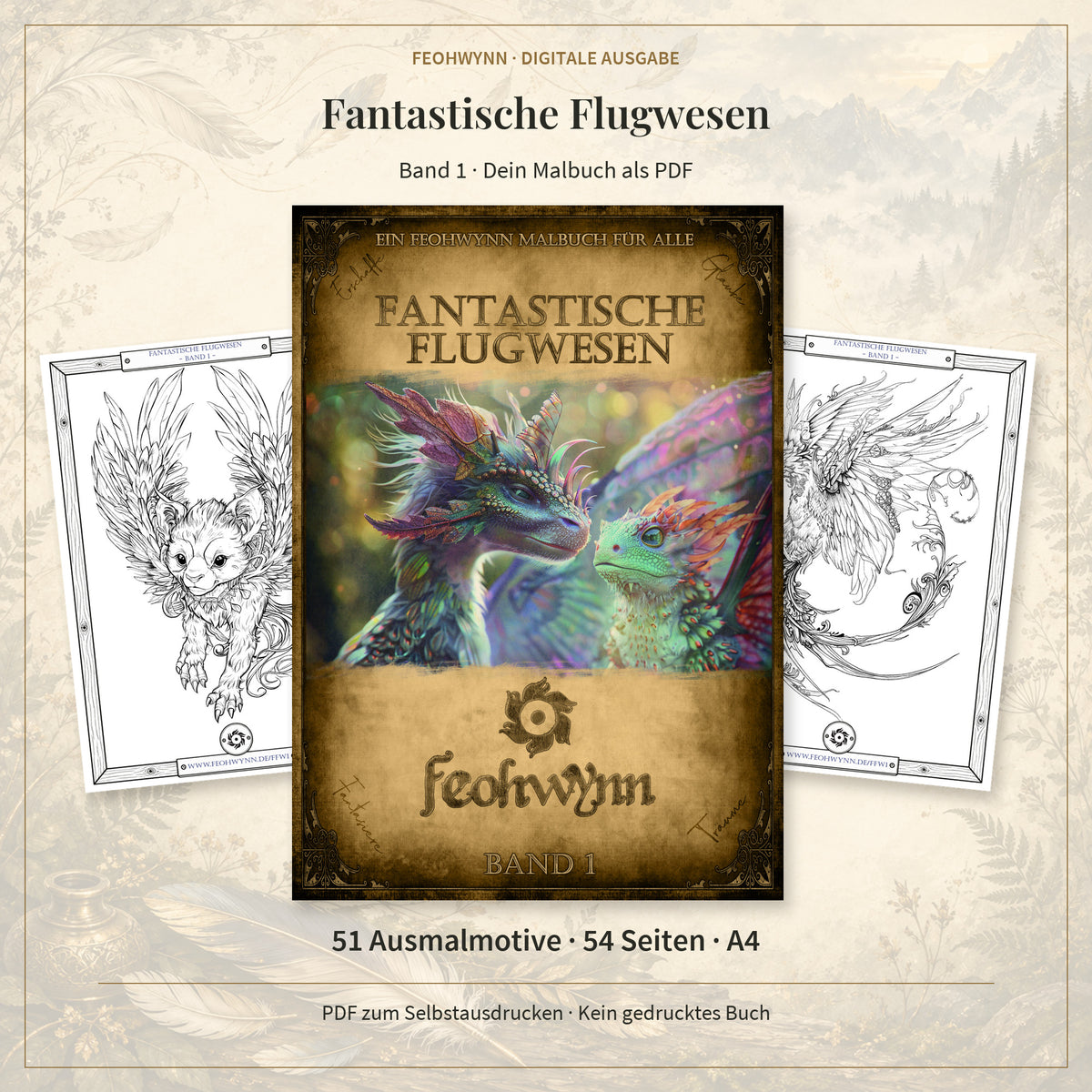 Fantastische Flugwesen Band 1 als PDF: Originalcover und zwei Motivseiten; 51 Ausmalmotive auf 54 A4-Seiten zum Selbstausdrucken.
