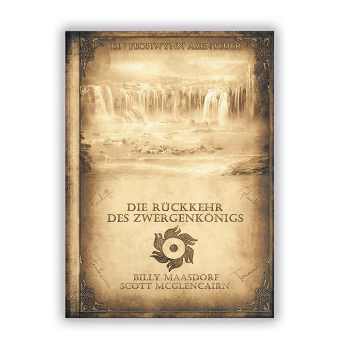 Hardcover-Cover von Die Rückkehr des Zwergenkönigs mit heller Wasserfalllandschaft