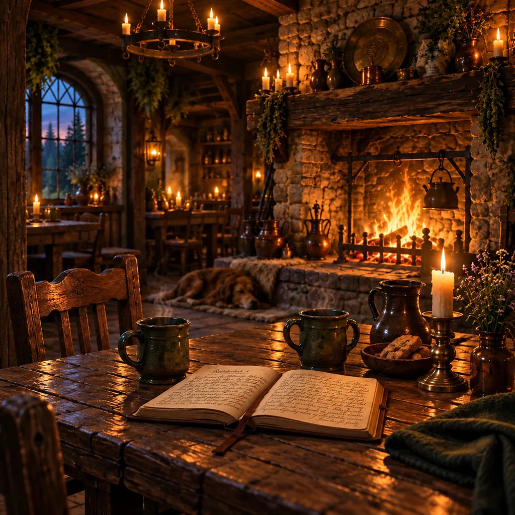 Kerzenlicht, Kamin und ein aufgeschlagenes Geschichtenbuch in einer Taverne in Feohwynn