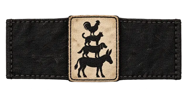 Schwarze Armbinde mit hellem Aufnäher: Esel, Hund, Katze und Hahn übereinander.
