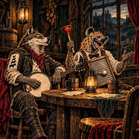 Der ruhige Wolf mit Banjo und die hysterische Hyäne im Gespräch am Tavernentisch.