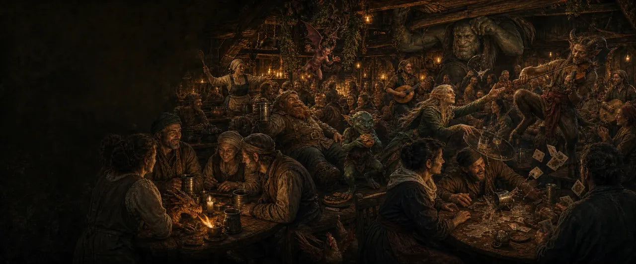 Menschen und fantastische Wesen kommen nach der Arbeit in einer warm beleuchteten Taverne zusammen.